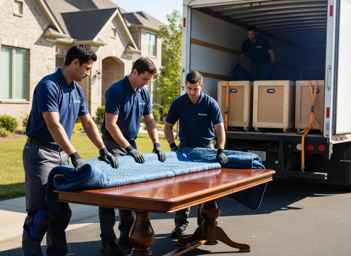 Professional movers carefully packing and loading secure crates into a truck