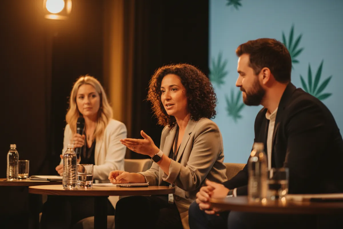 Playlist tile: candid shot of panel discussion at cannabis conference, warm editorial lighting, cropped for playlist tile.