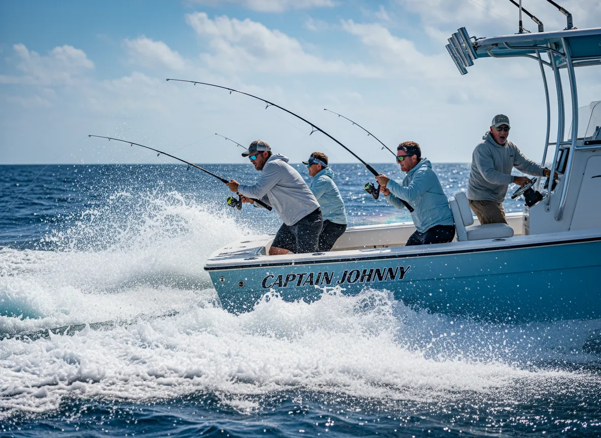 Anglers fighting a fish offshore near Galveston with Captain Johnny