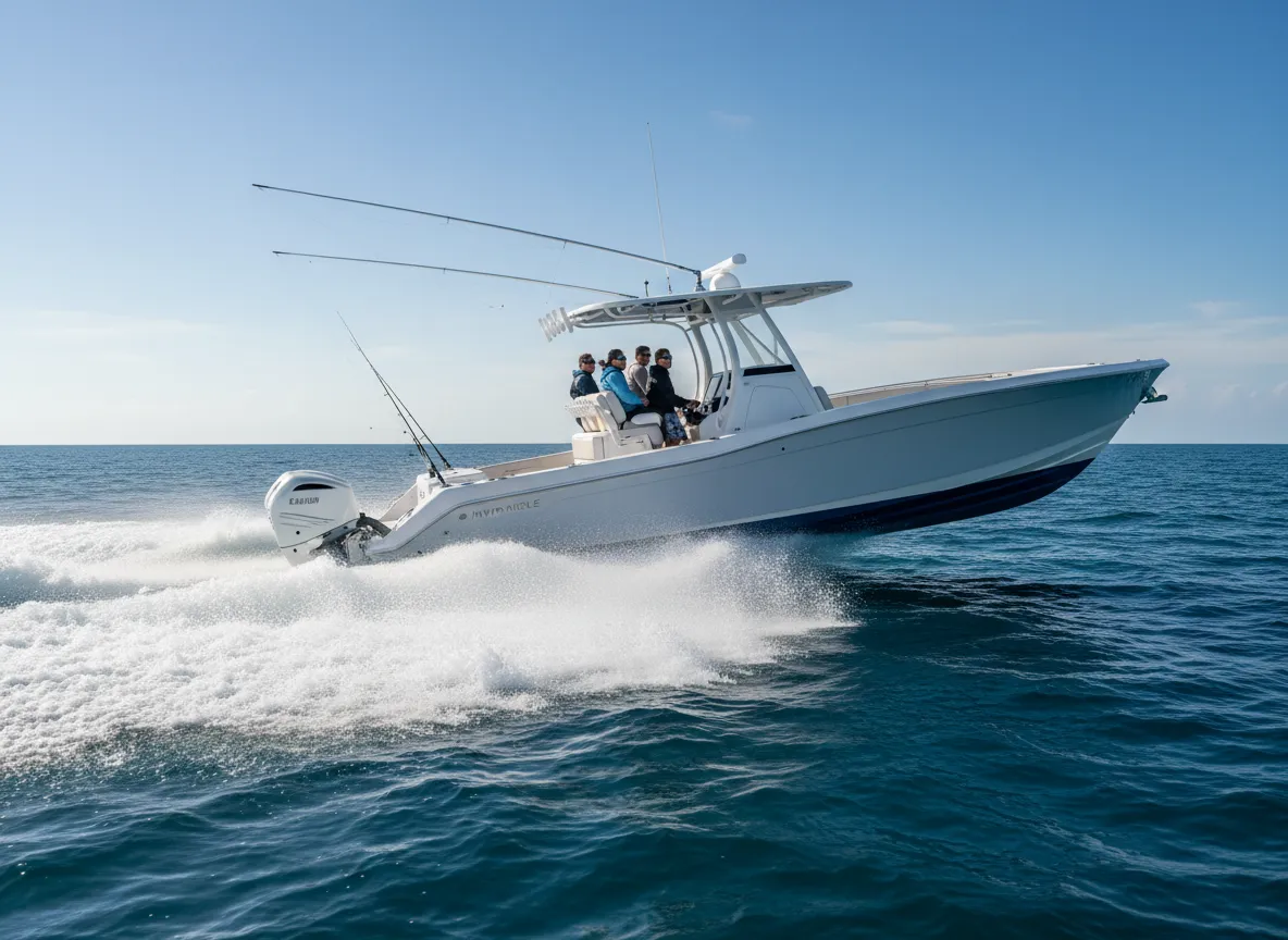 42-foot Invincible center console offshore fishing boat running in the Gulf