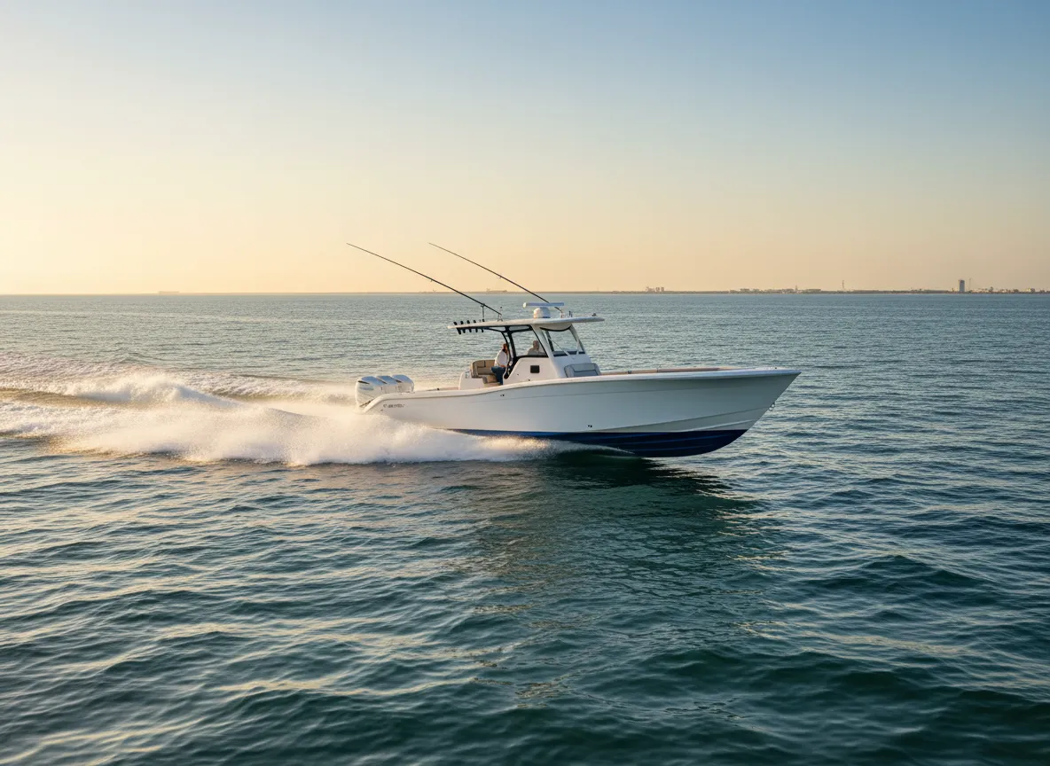 High-performance offshore fishing boat running in the Gulf