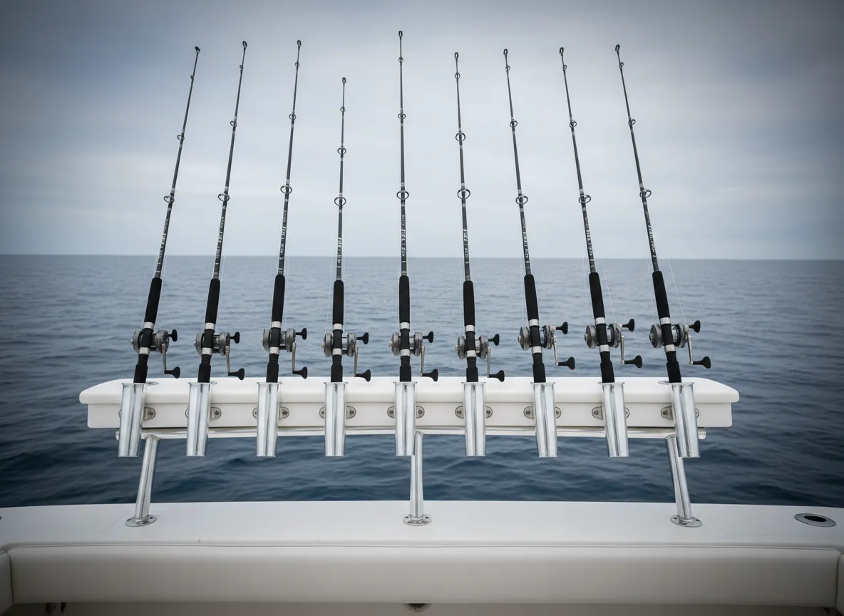 Falcon offshore rods on a boat ready for fishing
