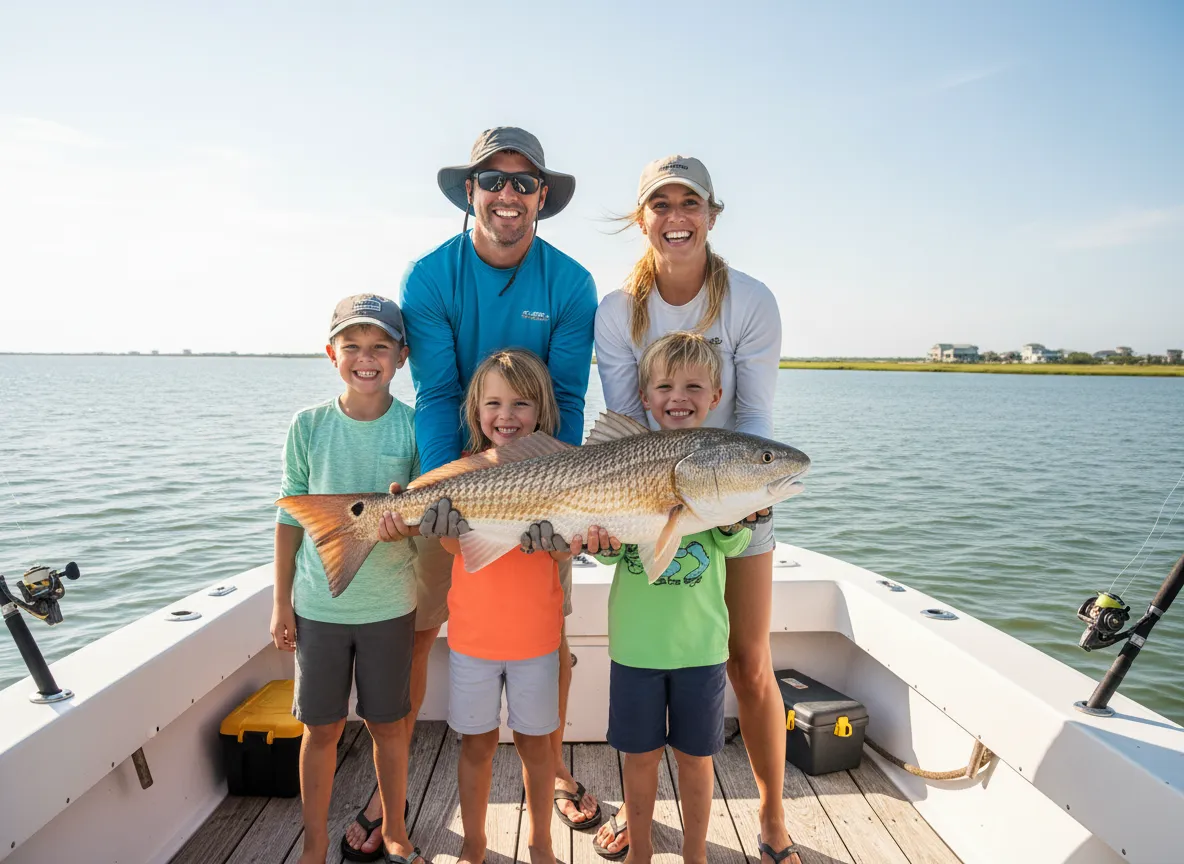 Family holding redfish caught on charter