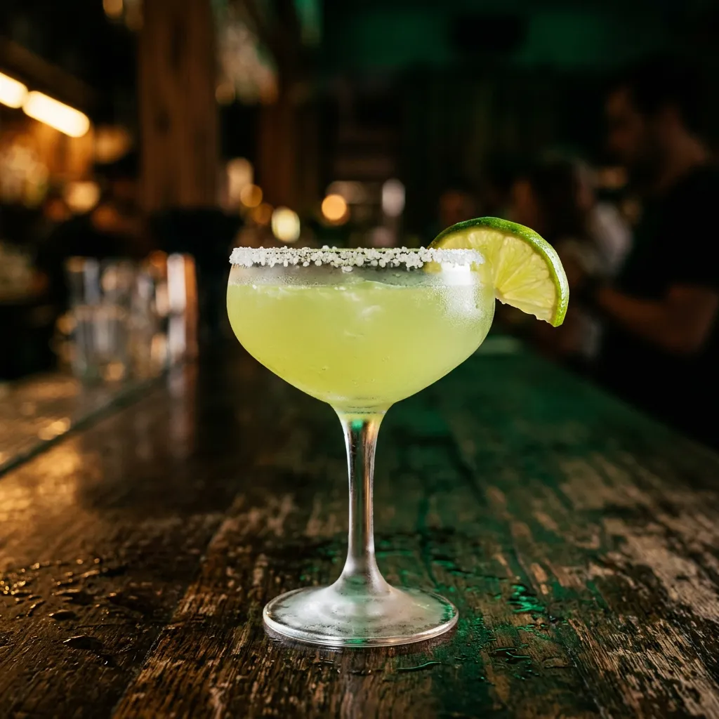 Signature freshly shaken house margarita with salt rim and fresh lime wedge