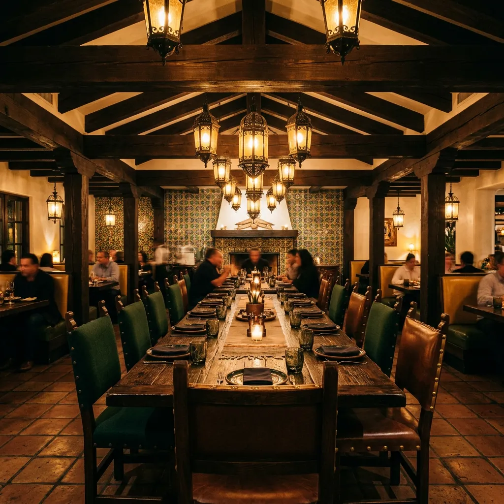 Warm cinematic dining room at Los Tres Agaves with rustic hacienda woodwork and soft ambient lighting