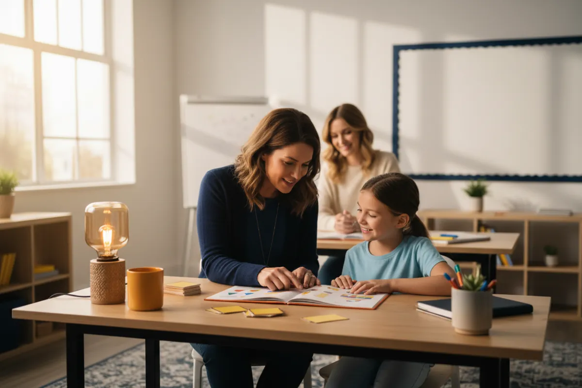 Educational specialist consulting with a smiling child