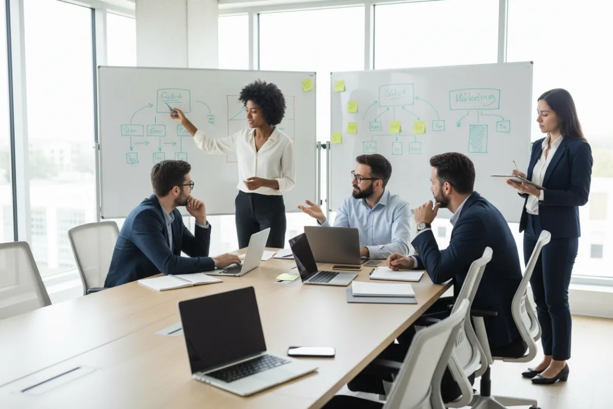 Un equipo diverso de profesionales de marketing colaborando en una sala de reuniones moderna, con pizarras y laptops, ambiente luminoso y profesional, estilo fotográfico limpio y contemporáneo