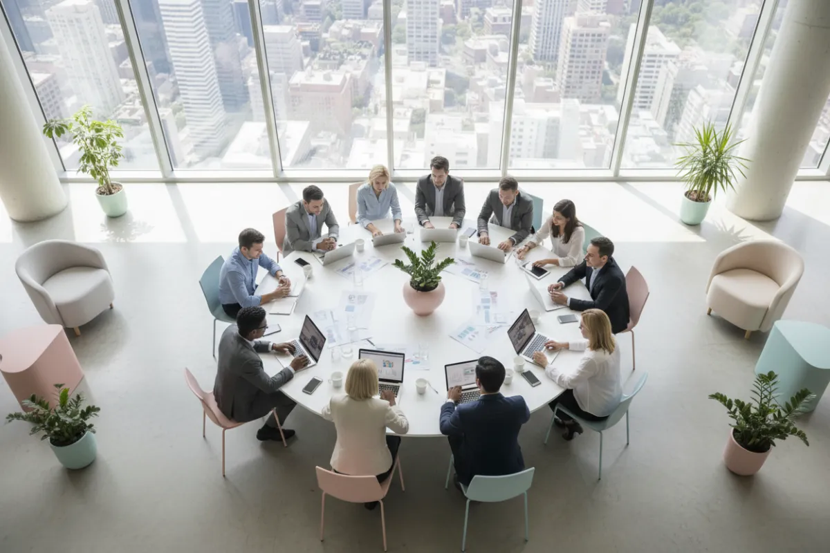 Vista aérea de un equipo diverso de ejecutivos reunidos alrededor de una mesa blanca, colaborando con portátiles y tabletas en una oficina luminosa de diseño minimalista, con grandes ventanales y detalles en tonos pastel. El ambiente transmite profesionalismo y creatividad en un entorno empresarial moderno.