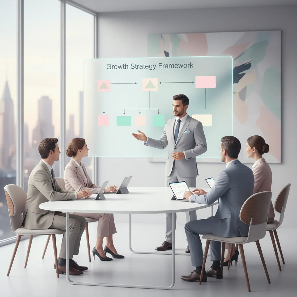 Consultor de marketing presentando una estrategia en una pantalla digital a un grupo de ejecutivos en una sala elegante, con tonos pastel suaves y detalles modernos. La escena refleja profesionalismo, liderazgo y enfoque en resultados empresariales.