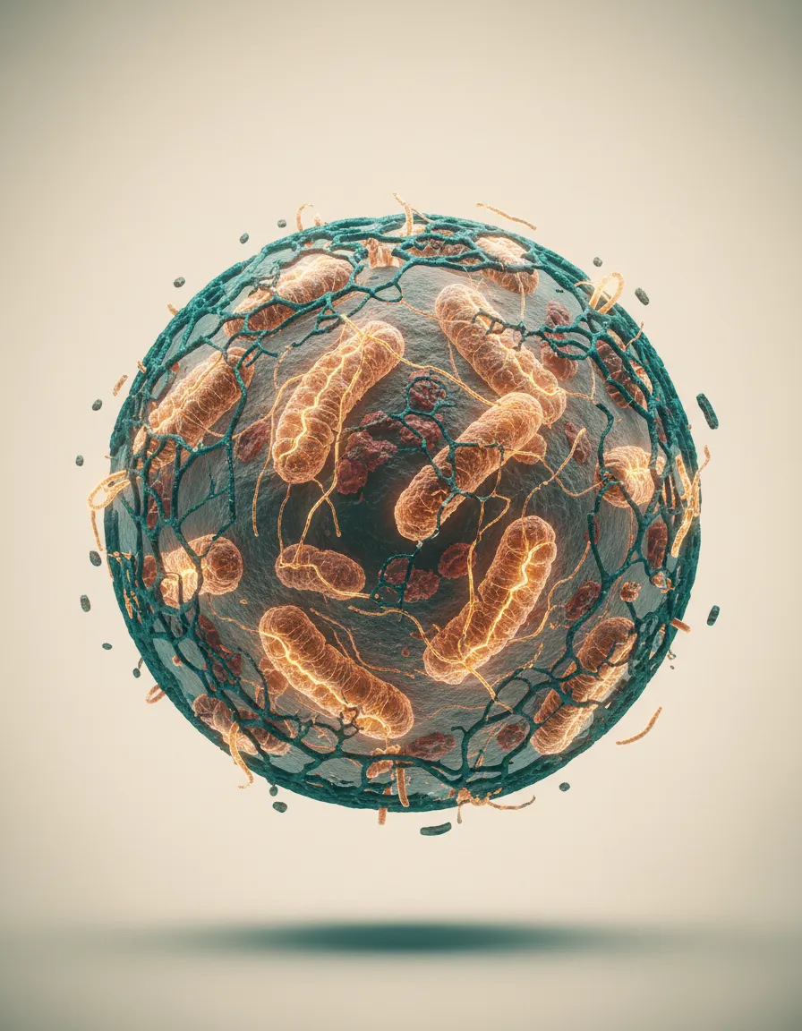 Sophisticated medical diagram showing cellular stress and NAD+ depletion