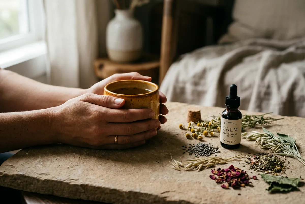 Calming composite of natural herbs, holistic wellness care, and hands holding a comforting warm cup