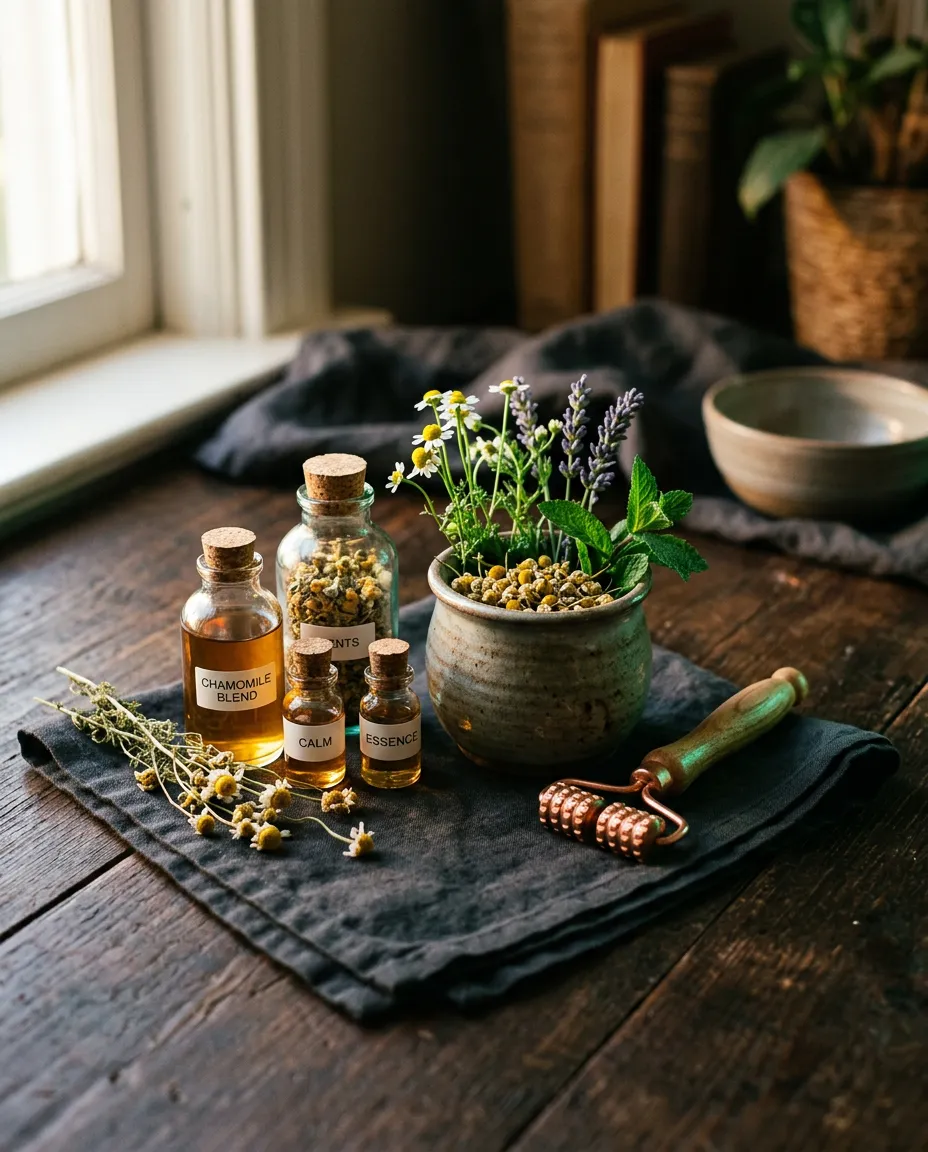 Holistic natural wellness consultation space with calming herbs and sunlight