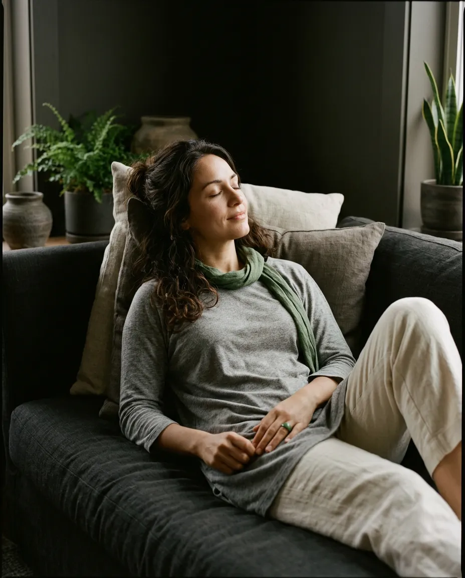 A serene woman resting peacefully in soft natural light, reflecting calm and holistic wellbeing
