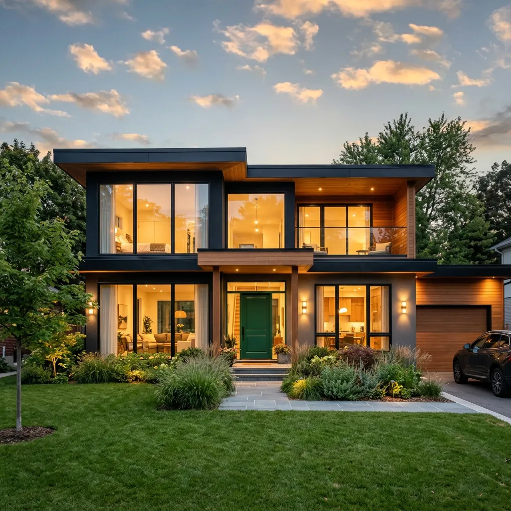 Stunning modern architectural family home with warm ambient evening lighting and lush landscaping