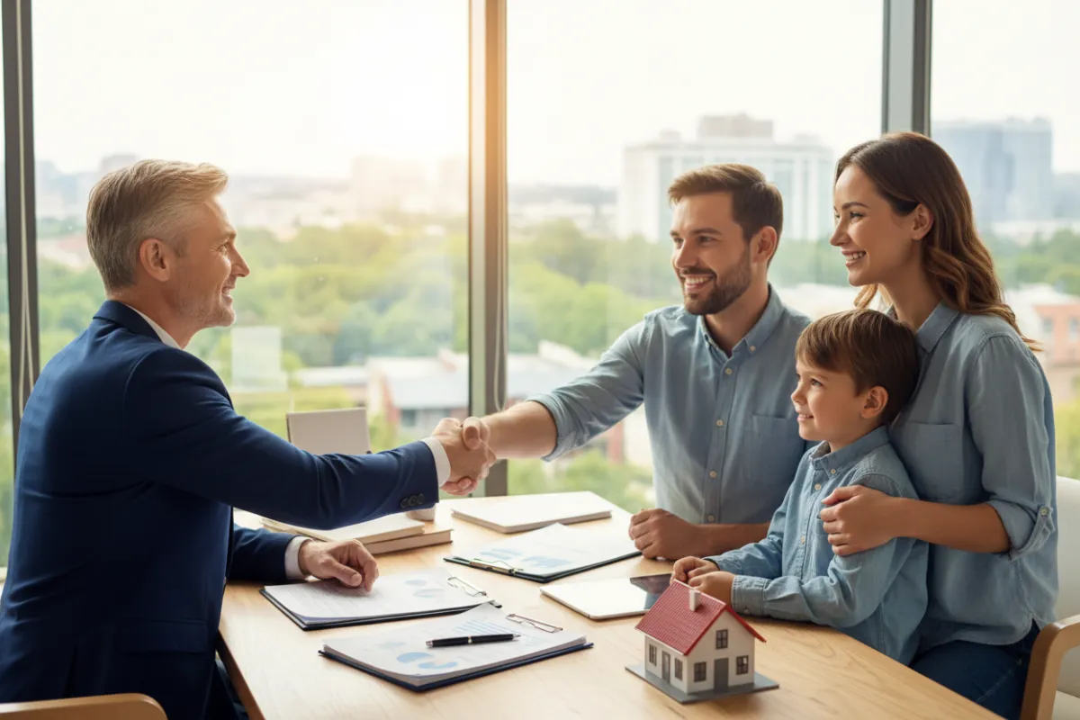 A professional mortgage advisor shaking hands with a young family in a sunlit office, documents and a model house on the desk, everyone smiling.
