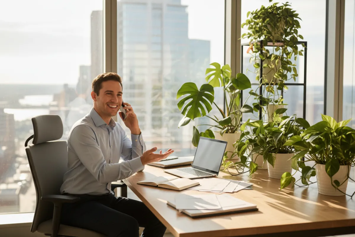 A friendly mortgage consultant speaking on the phone at a modern desk, surrounded by plants and paperwork, with a cityscape visible through the window. The consultant is smiling, conveying approachability and professionalism.