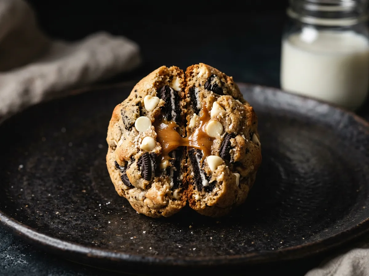 Cookies and Cream decadent chocolate stuffed cookie with oreo chunks