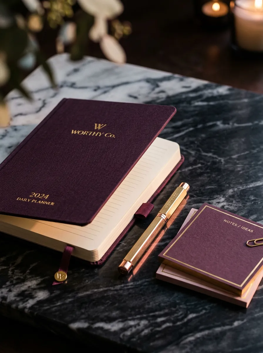Linen hardcover planner and gold-accented fine stationery on a marble table