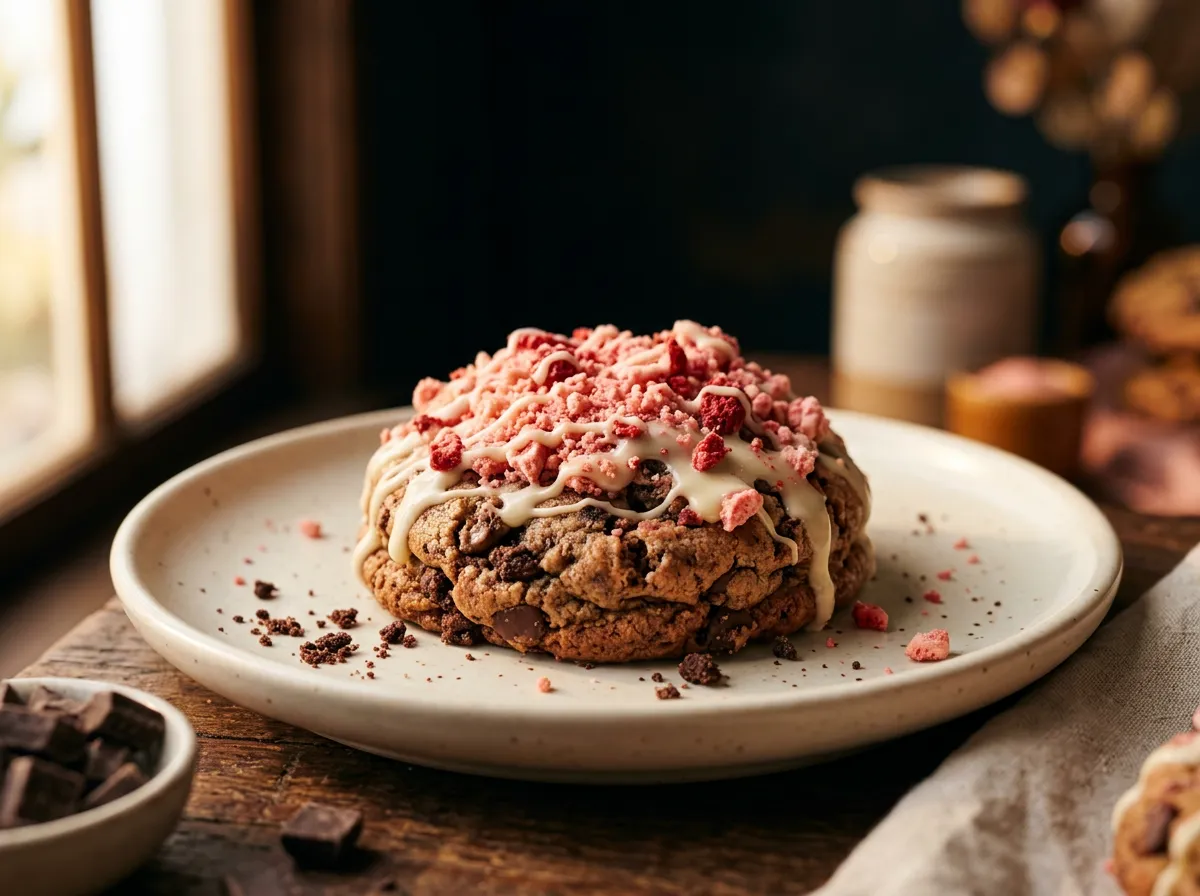 Strawberry Crunch gourmet cookie with vanilla glaze and strawberry crumble