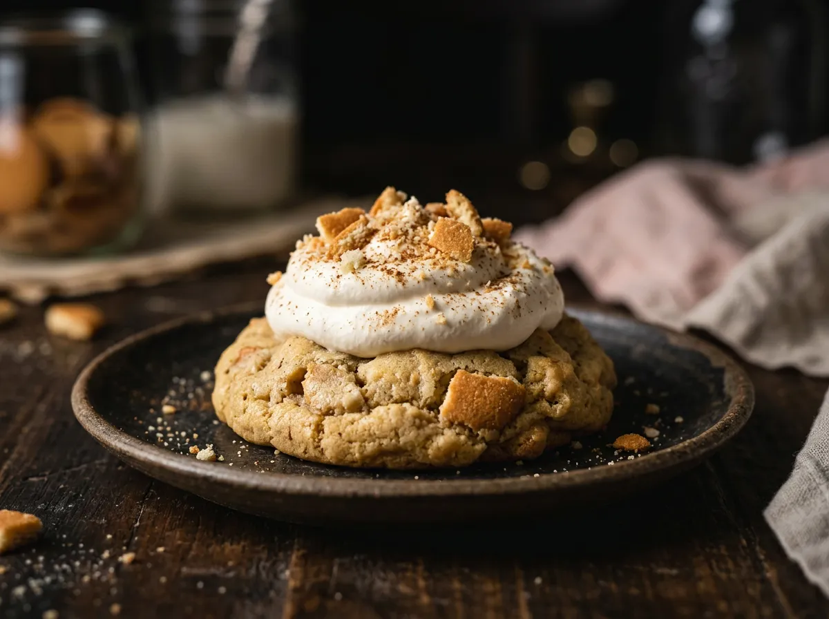 Banana Pudding soft baked cookie with nilla wafers and marshmallow swirl
