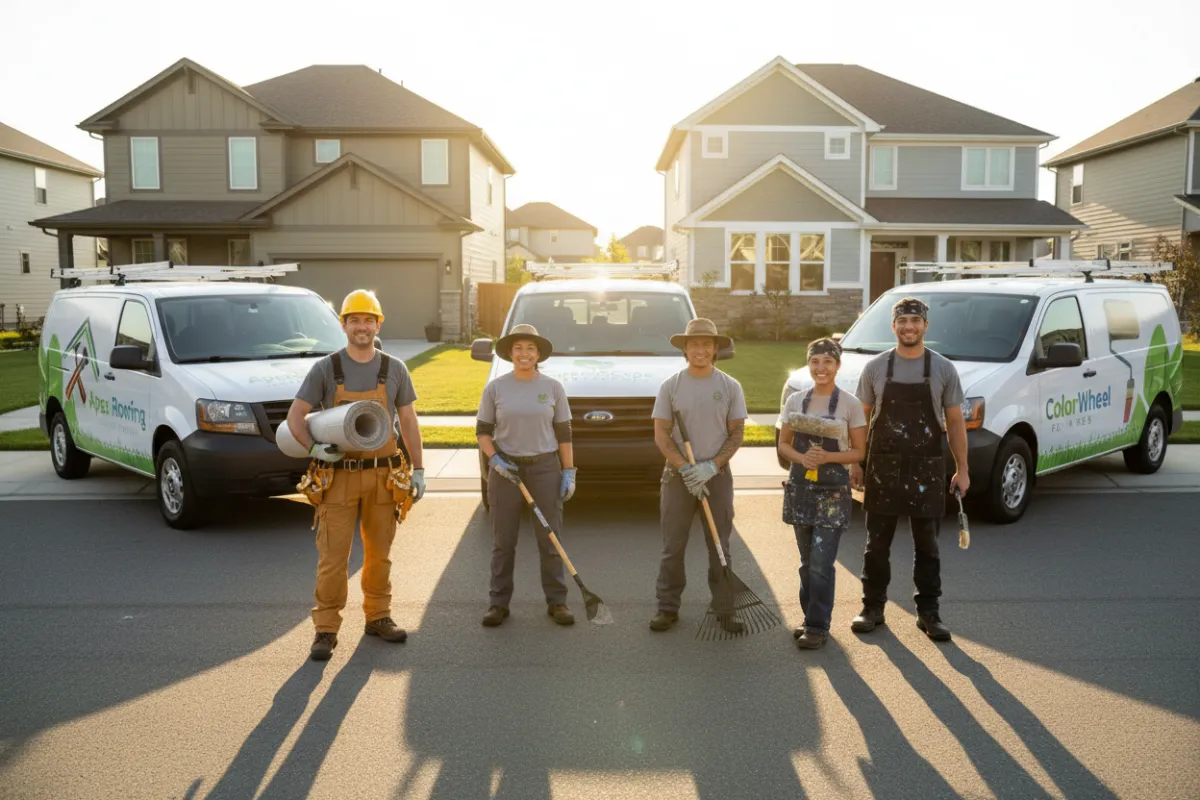A diverse team of home service contractors—roofers, landscapers, and painters—standing proudly in front of branded work vehicles, smiling, with tools in hand, set against a vibrant suburban neighborhood. The image radiates confidence, teamwork, and business growth.