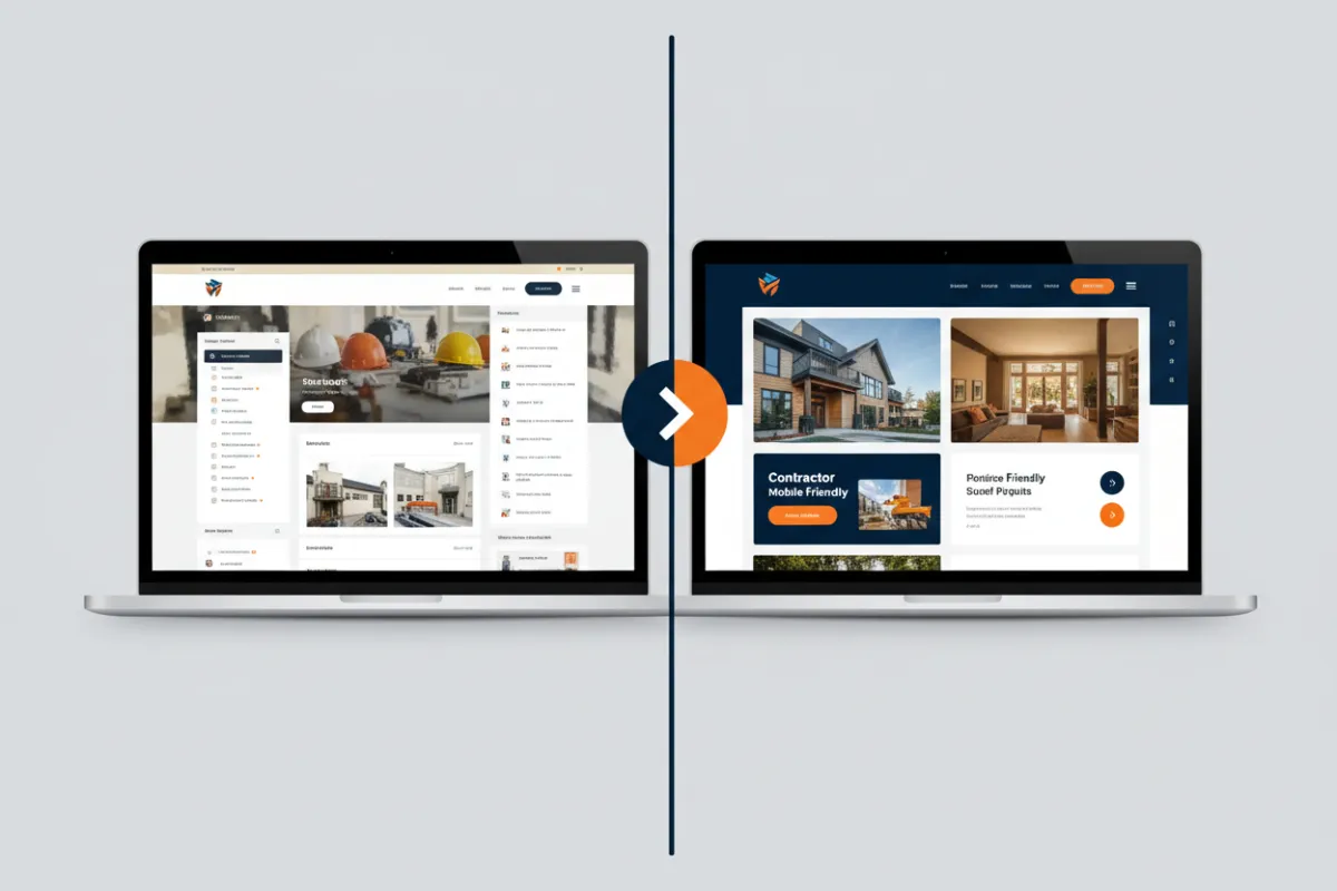 A split-screen showing a dull, outdated contractor website on the left and a vibrant, modern, mobile-friendly contractor website on the right, both on laptop screens. The right side features bold branding and clear calls to action.