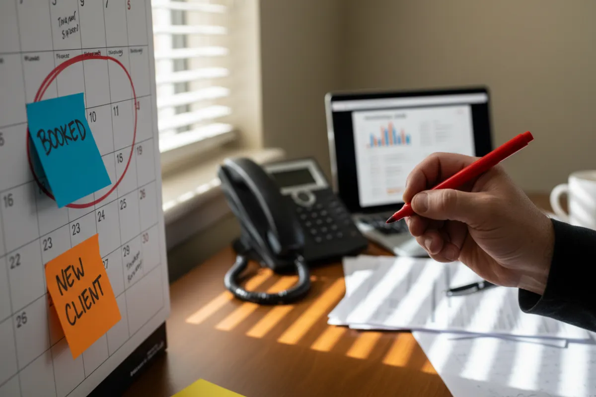 A close-up of a contractor’s hand circling dates on a wall calendar, with sticky notes marked 'Booked' and 'New Client' in a busy office. The background shows a phone ringing and a laptop with incoming leads.
