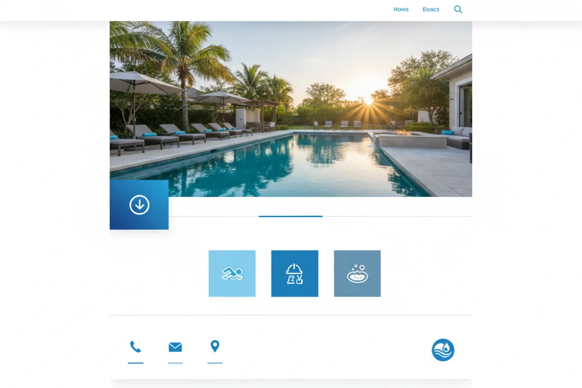 Mockup of a pool contractor homepage showing a bright hero photo of a backyard pool, clear CTA, service tiles, and local contact details; modern flat design with blue accents and realistic shadow-free screenshot style.