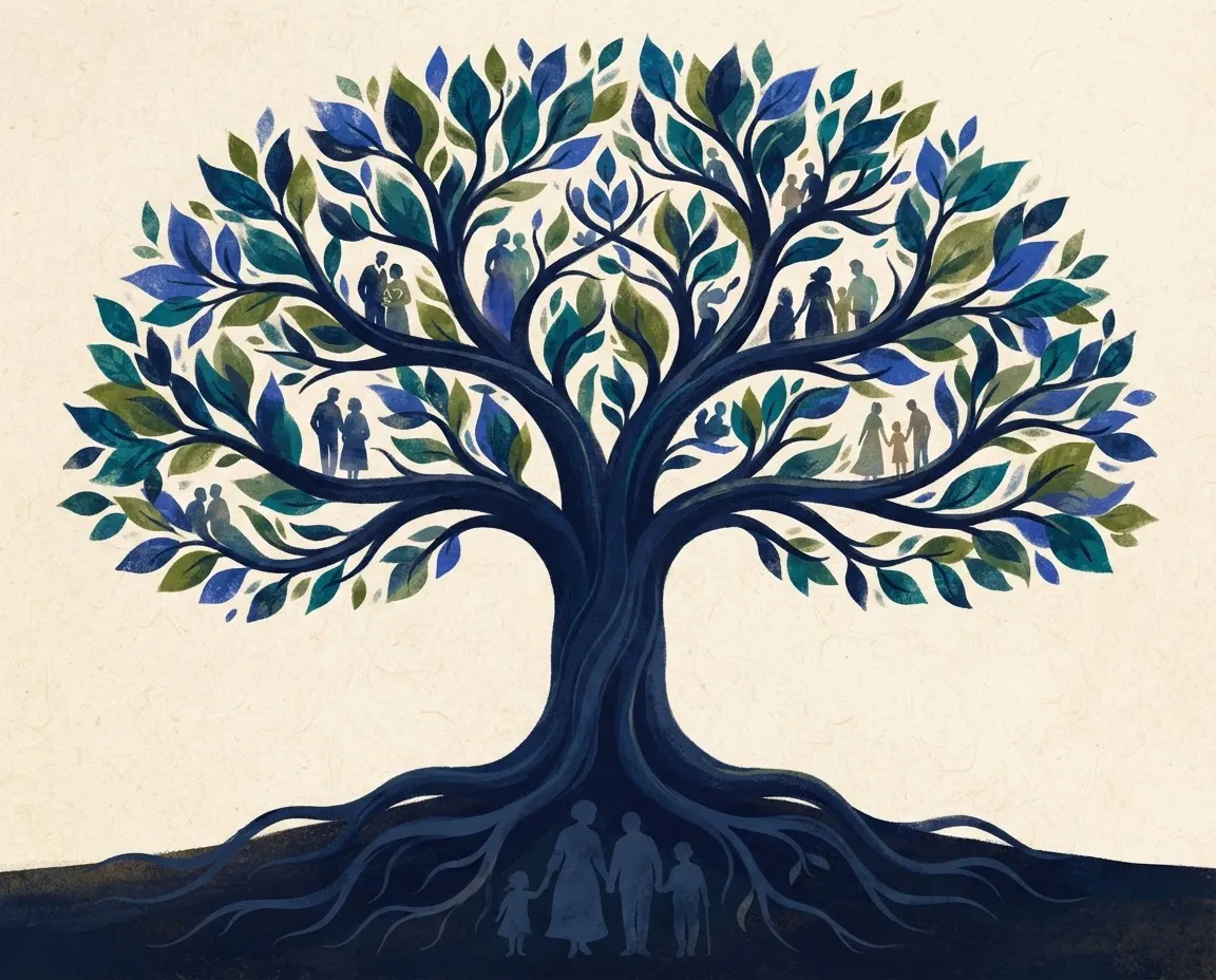 Atmospheric illustration of deep ancestral roots and intertwining tree branches representing the Edmundson family branches