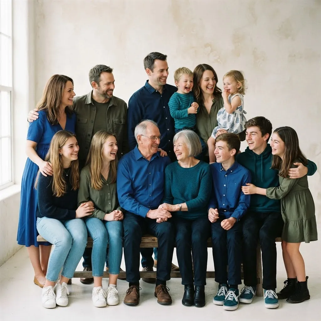 Warm multigenerational Edmundson family members gathered together sharing heritage and joy