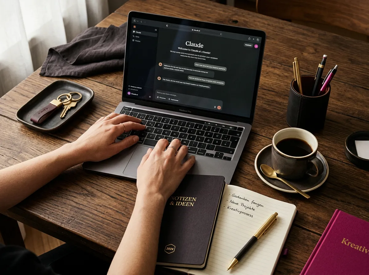Strukturierter Arbeitsplatz mit Notizbuch, Kaffee und Claude Interface voller klarer Ergebnisse