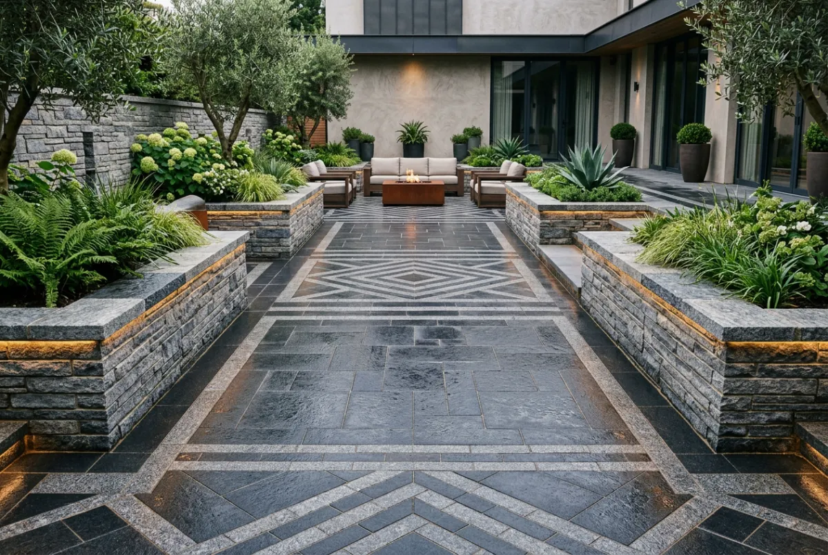 Patio de adoquines y muros de contención de hardscape residencial premium