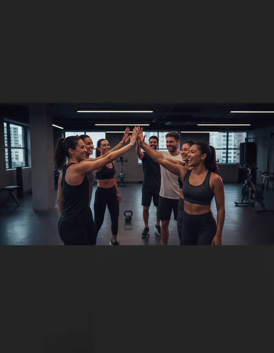 A group fitness class celebrating after a tough workout session