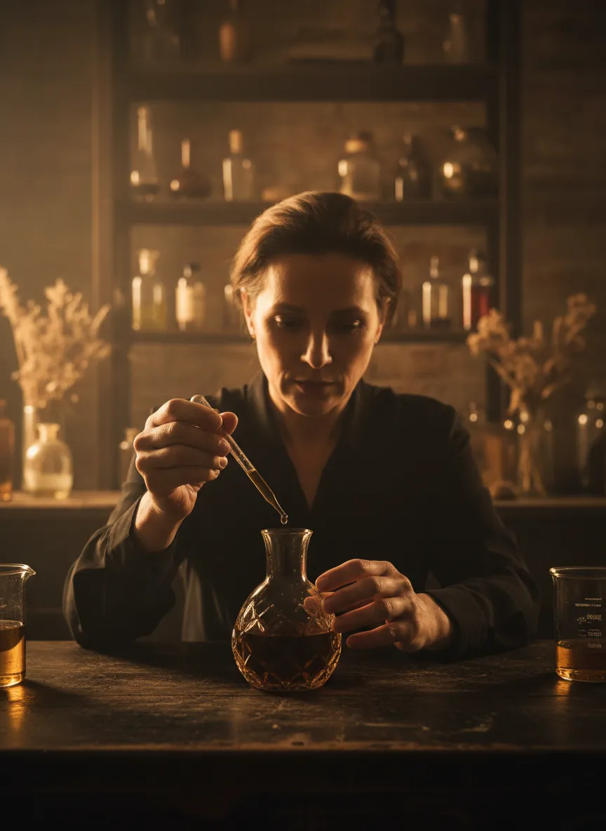 Master perfumer creating a bespoke scent in a moody atelier