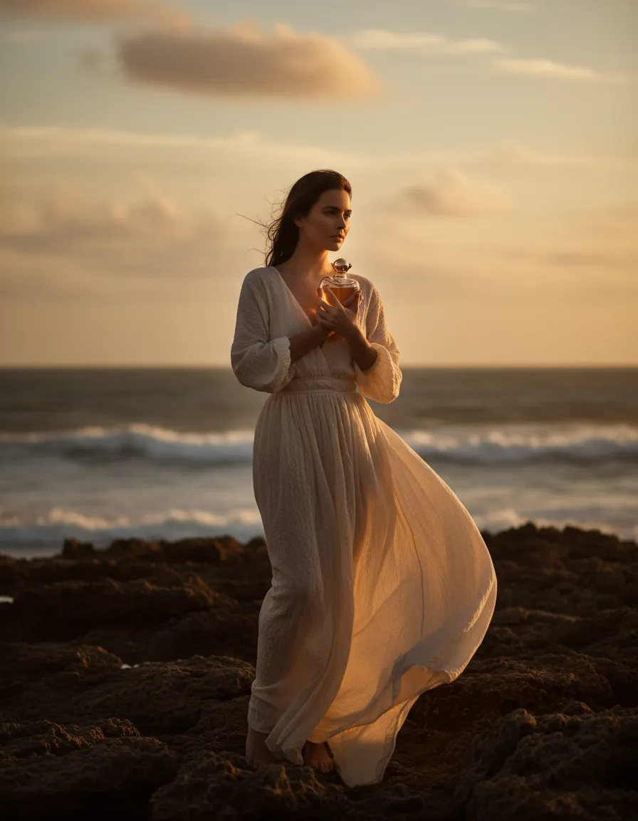 Editorial image of a man wearing Le Flaire perfume on a rocky beach