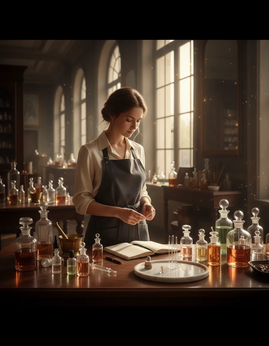 A meticulous perfumer examining a vial of golden fragrance in a naturally lit atelier, capturing the essence of the creative process.
