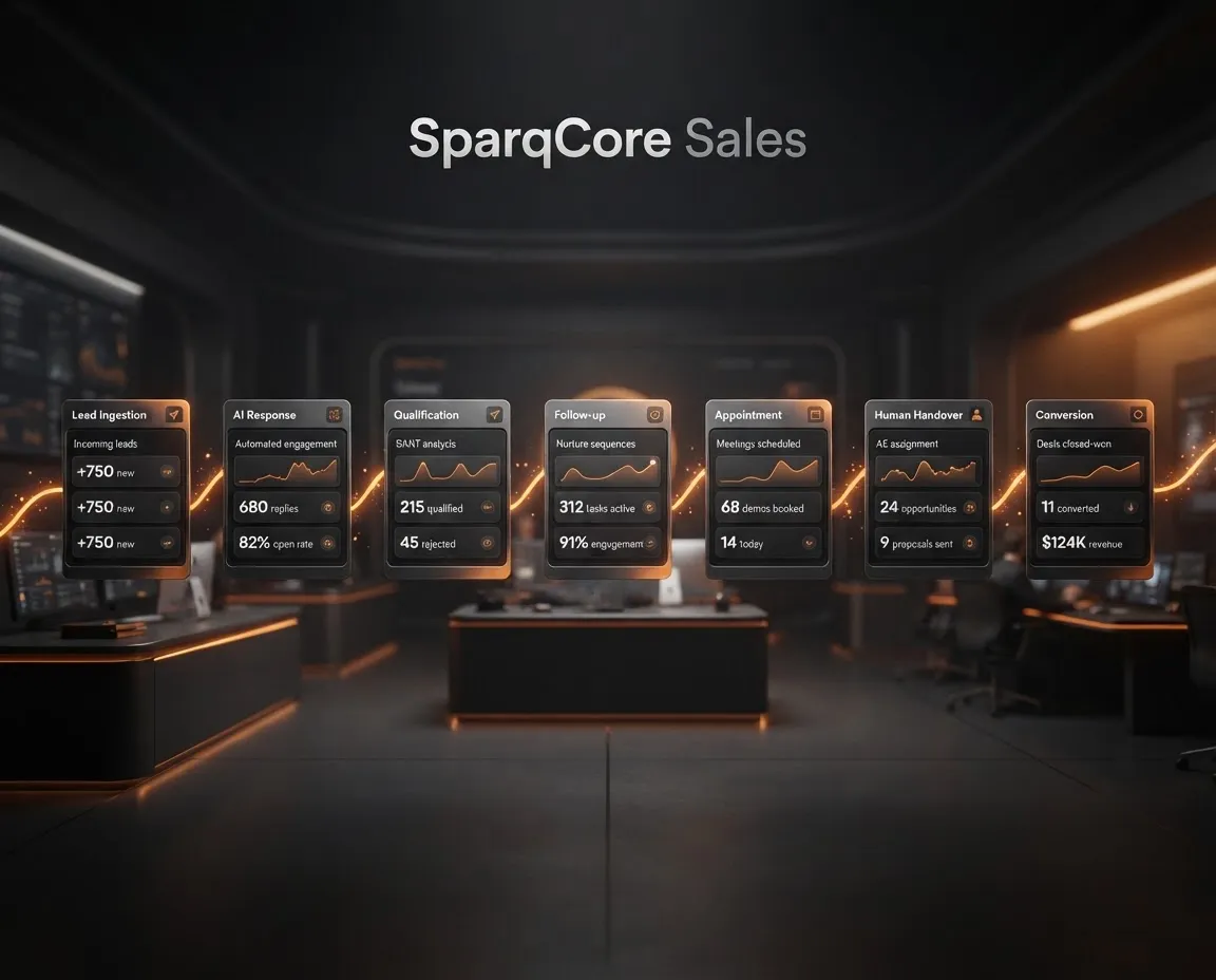 SparqCore AI Sales Operating System live interface dashboard illustrating the connected journey from lead ingestion to automated CRM conversion