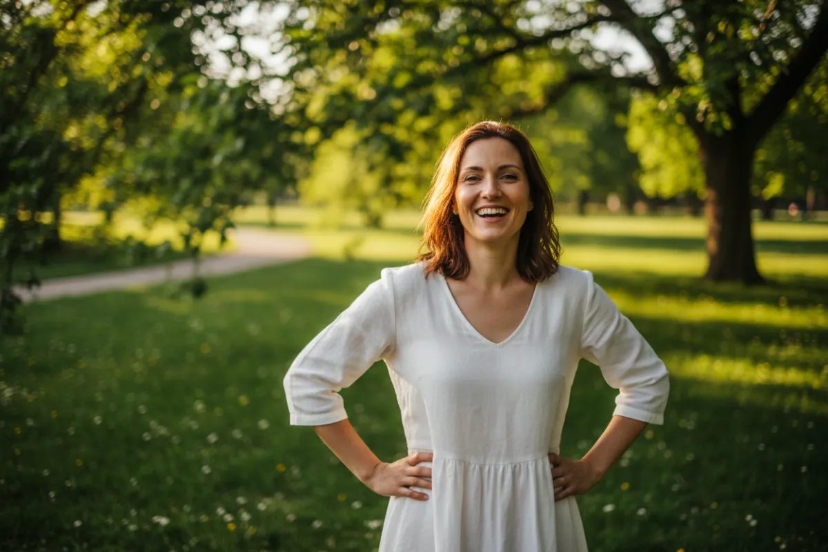 Portrait of Amanda L., age 31, outdoors in a park after losing 22 lbs.