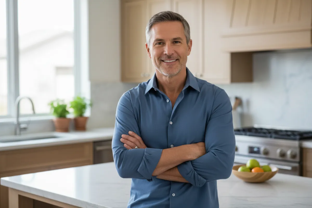 Portrait of James T., age 45, in a kitchen setting after losing 42 lbs.