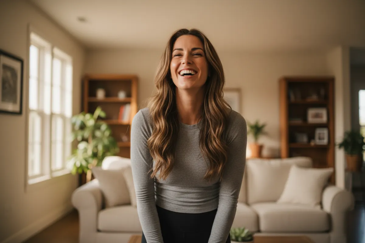 Portrait of Sarah K., age 28, smiling in a bright living room after losing 28 lbs.