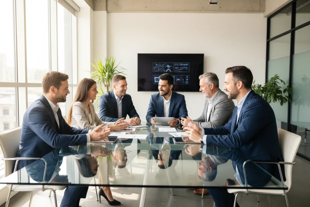 Diverse team of financial advisors collaborating around a glass table, modern office, natural light, professional attire, 3:2 aspect ratio