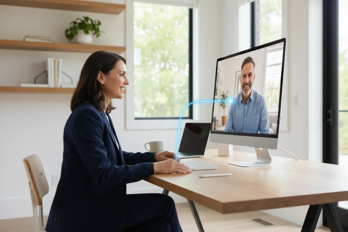 Financial advisor speaking with a client over video call, both smiling, modern home office, digital connection, 3:2 aspect ratio