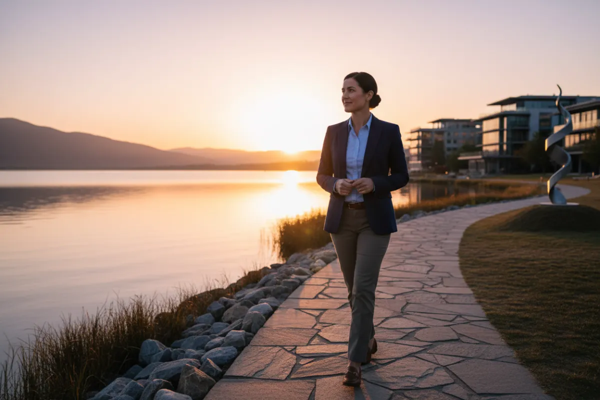 Business owner walking along a tranquil lakeside path at sunrise, reflecting on financial goals, serene and inspiring, 3:2 aspect ratio