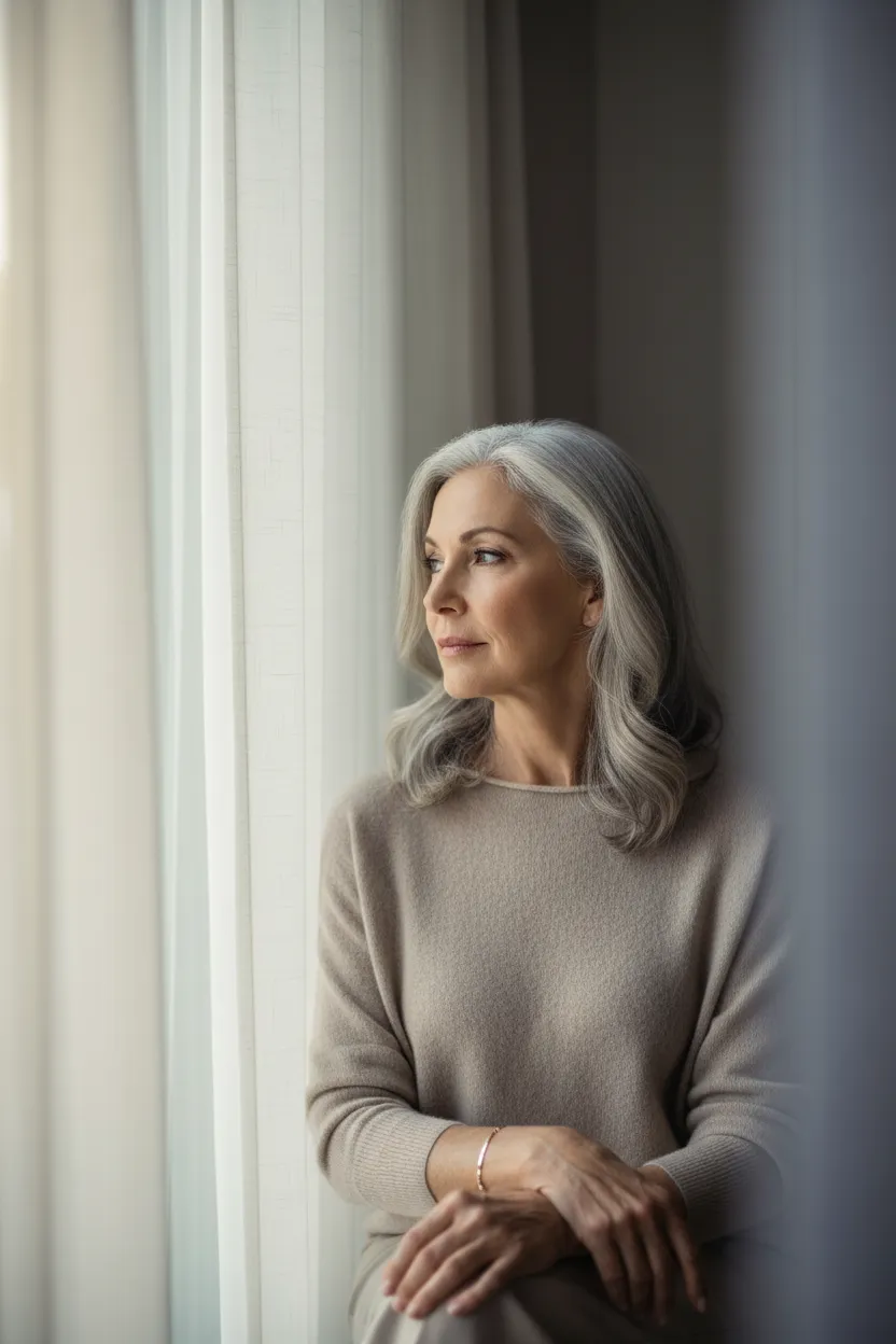 A woman looking thoughtfully out a window, reflecting on her daily movement and vitality.