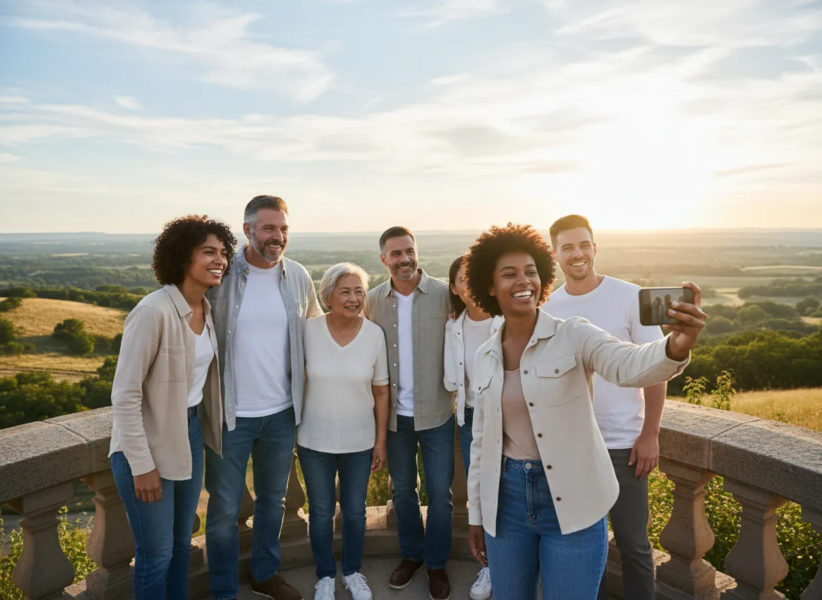 People smiling and recording a video outdoors with an American landscape in the background