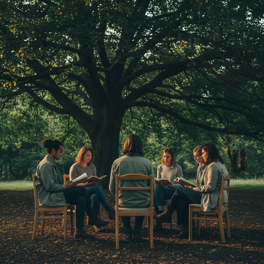 A small group sitting outdoors in a circle, engaged in open discussion and study.
