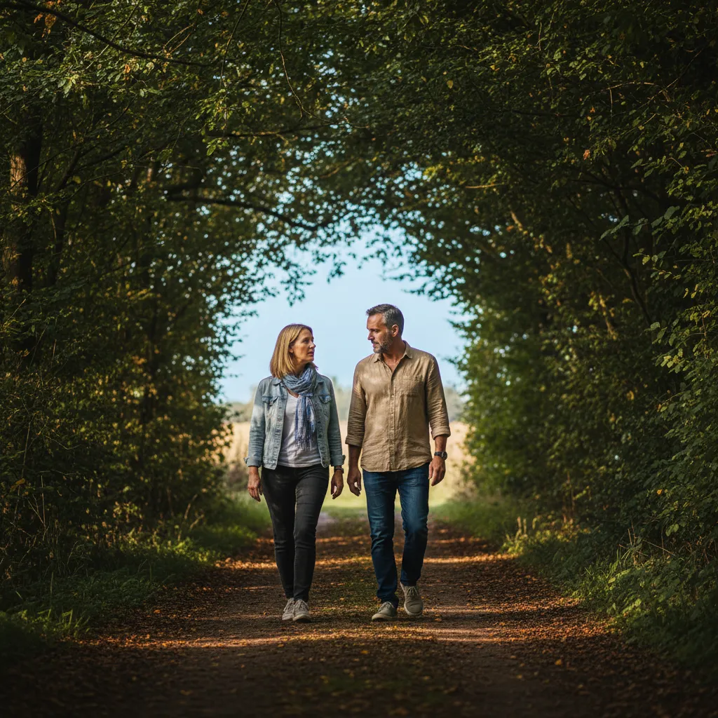 Two people walking through green trees in deep, purposeful conversation.