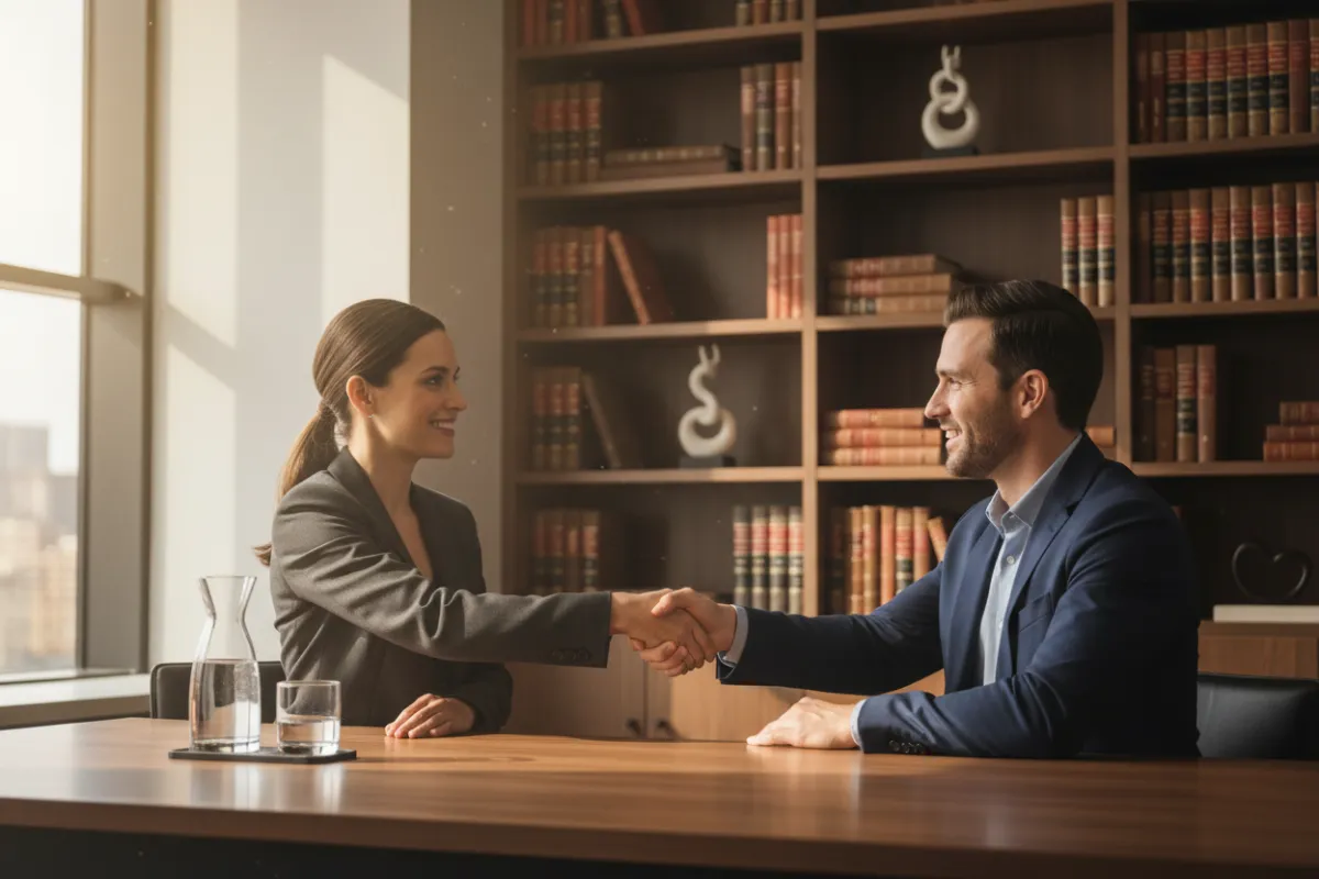 A confident attorney in a modern office, warmly greeting a client across a desk, with legal books and soft sunlight in the background. The scene conveys trust, professionalism, and approachability, with both individuals focused and engaged in conversation.