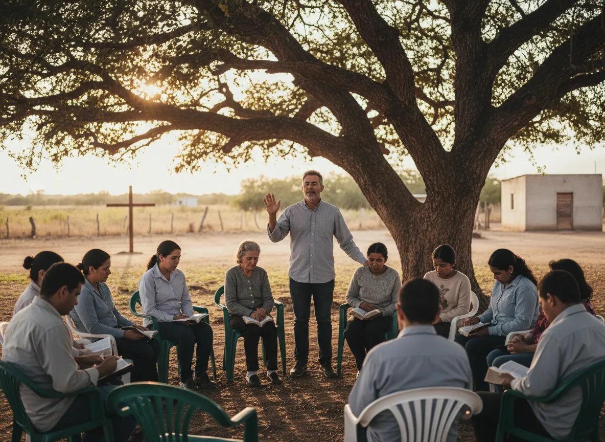 Local pastor leading prayer under a tree