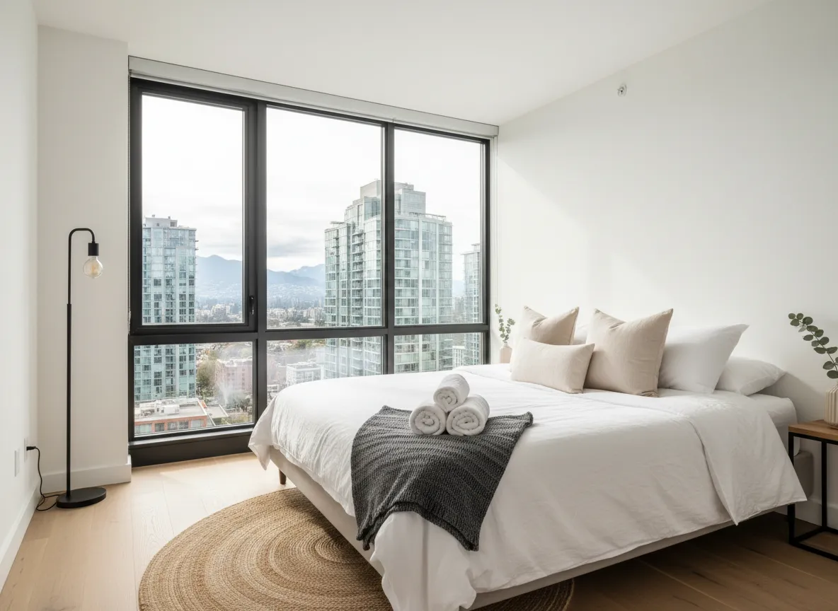 Bright modern Vancouver Airbnb condo with made bed and natural light